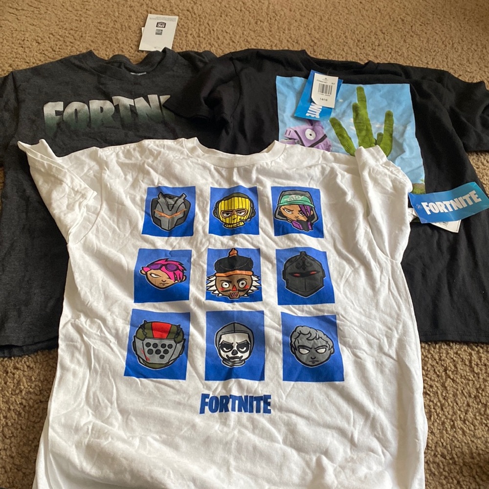 3 Fortnite boys large shirts brand new and 1 used shirt